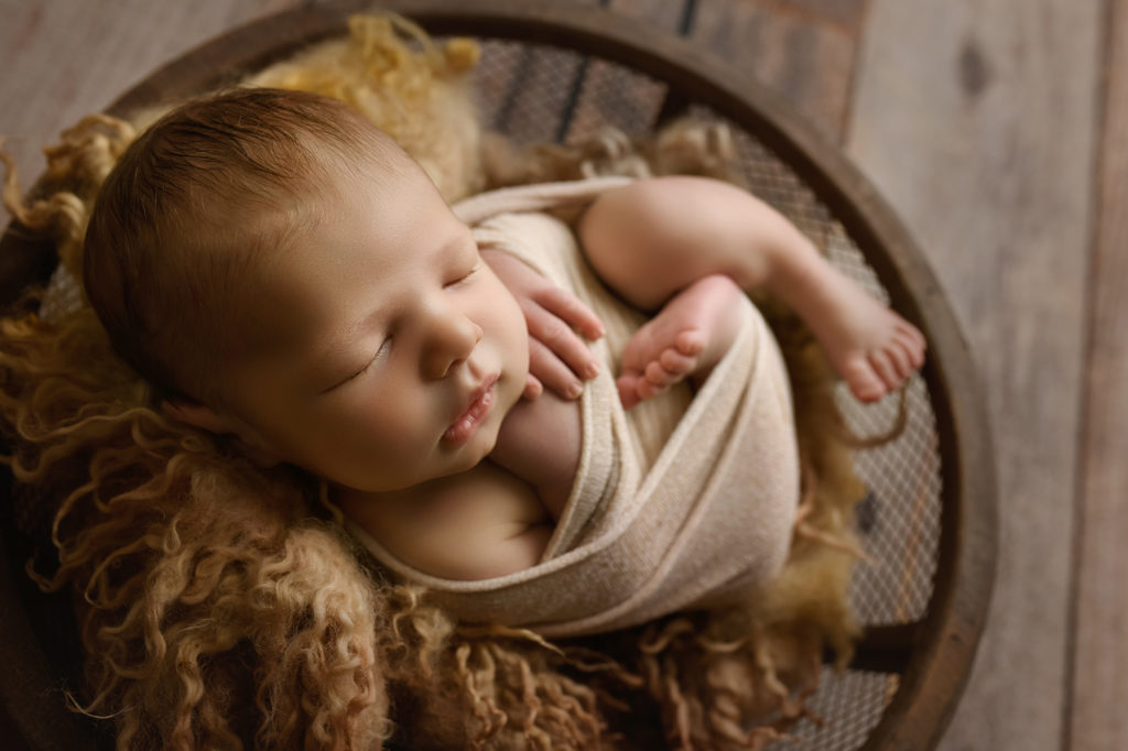 Raleigh Newborn Photographer Baby in Brown Bowl