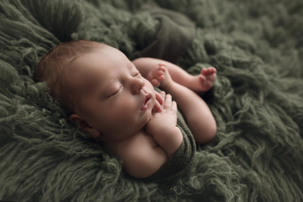 newborn baby boy in green fur