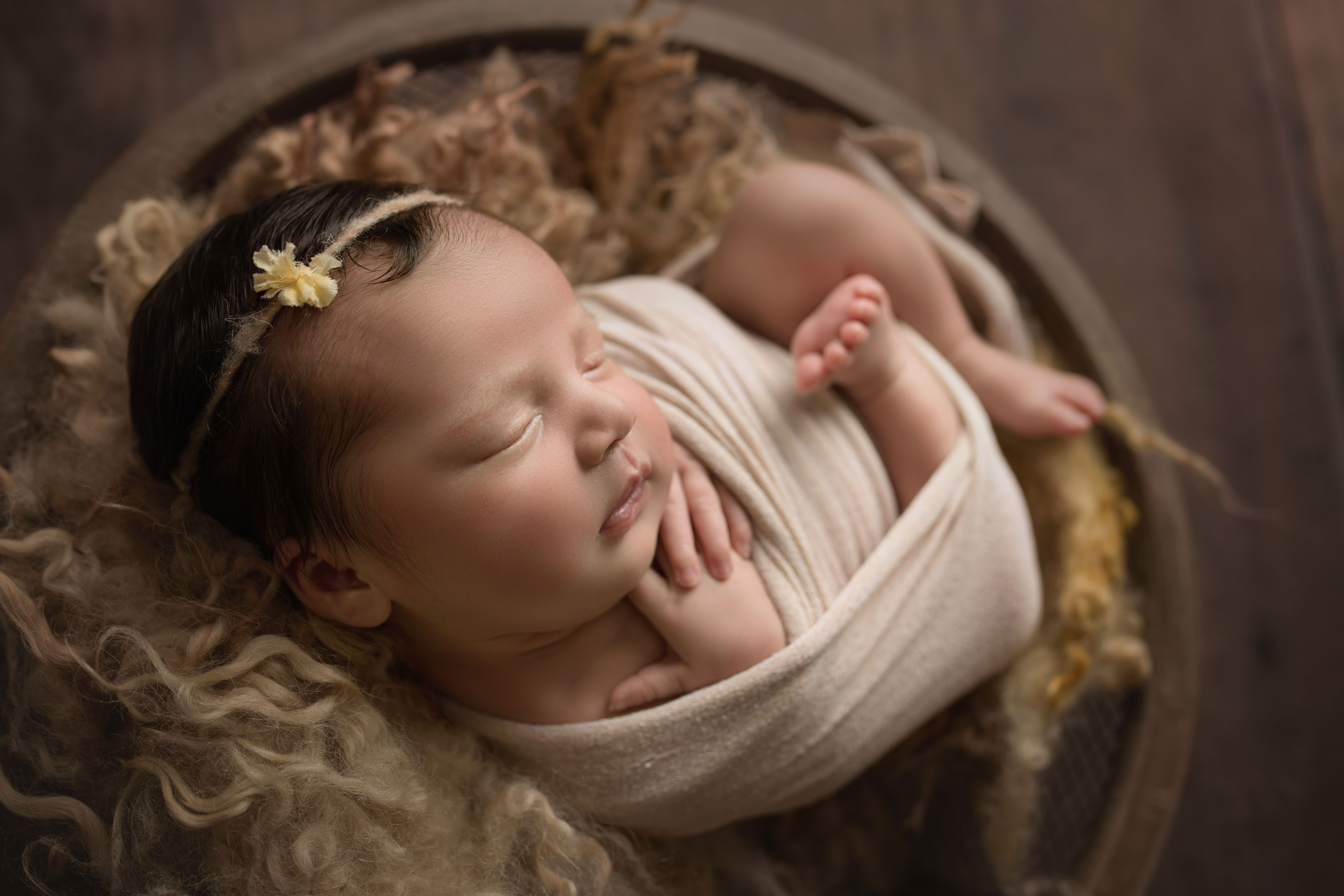 newborn baby girl in brown bowl with tan fur