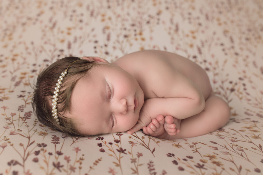 newborn baby girl in womb pose on a fall backdrop