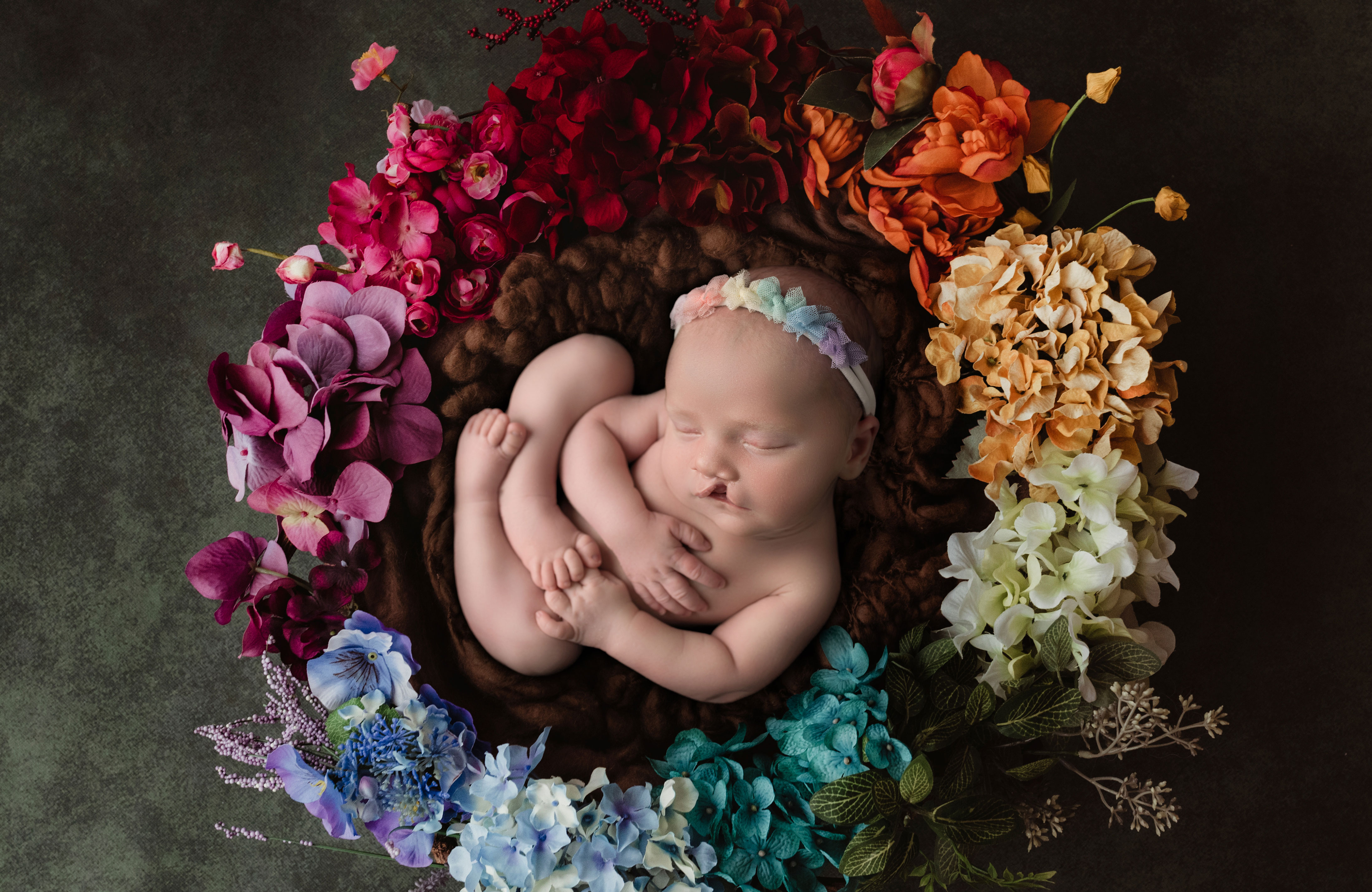 newborn baby girl with cleft palate laying in a rainbow wreath