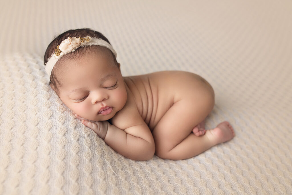 Newborn Baby Girl bum up laying on cream lace