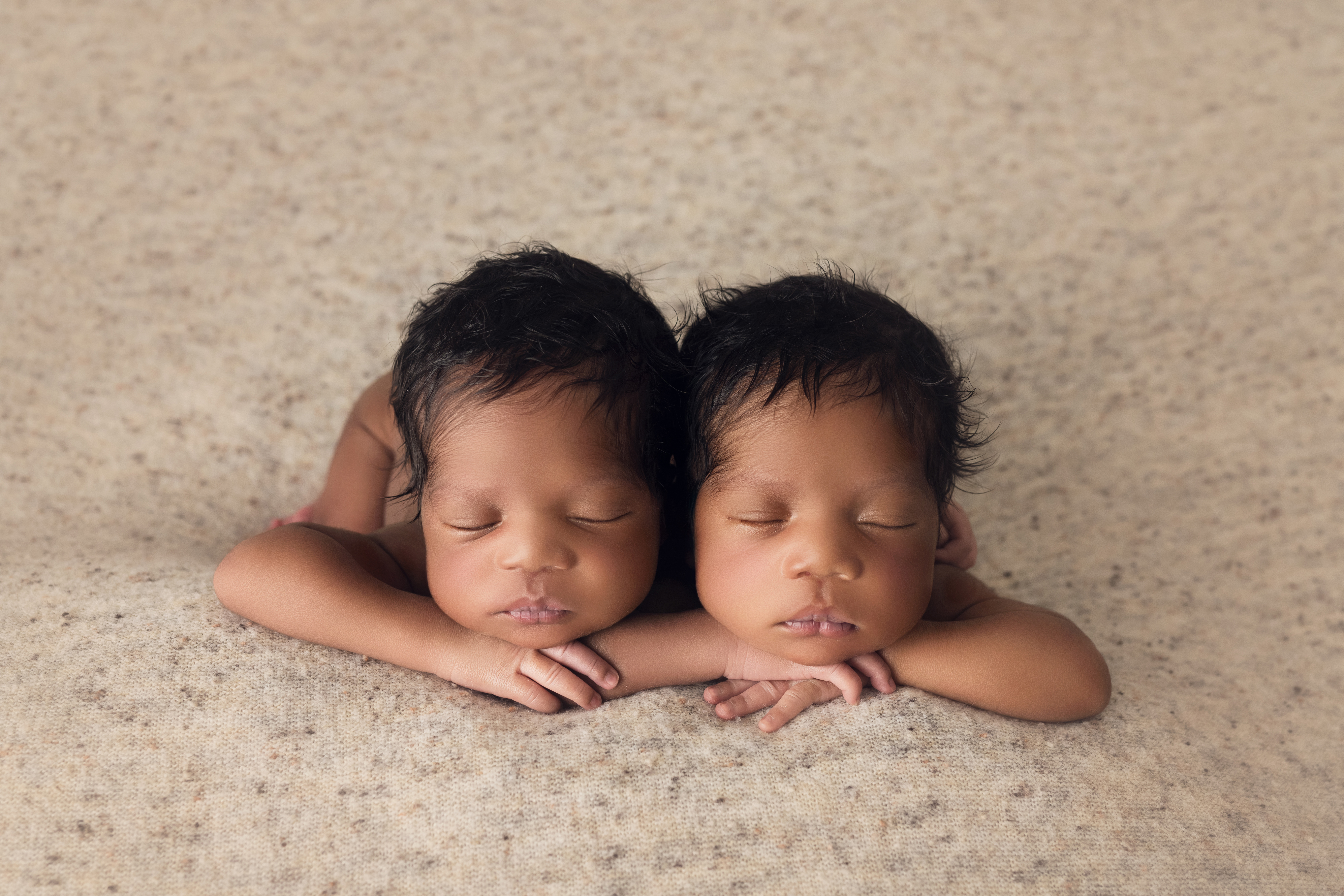 Newborn twin boys and big brother wrapped together on cream backdrop