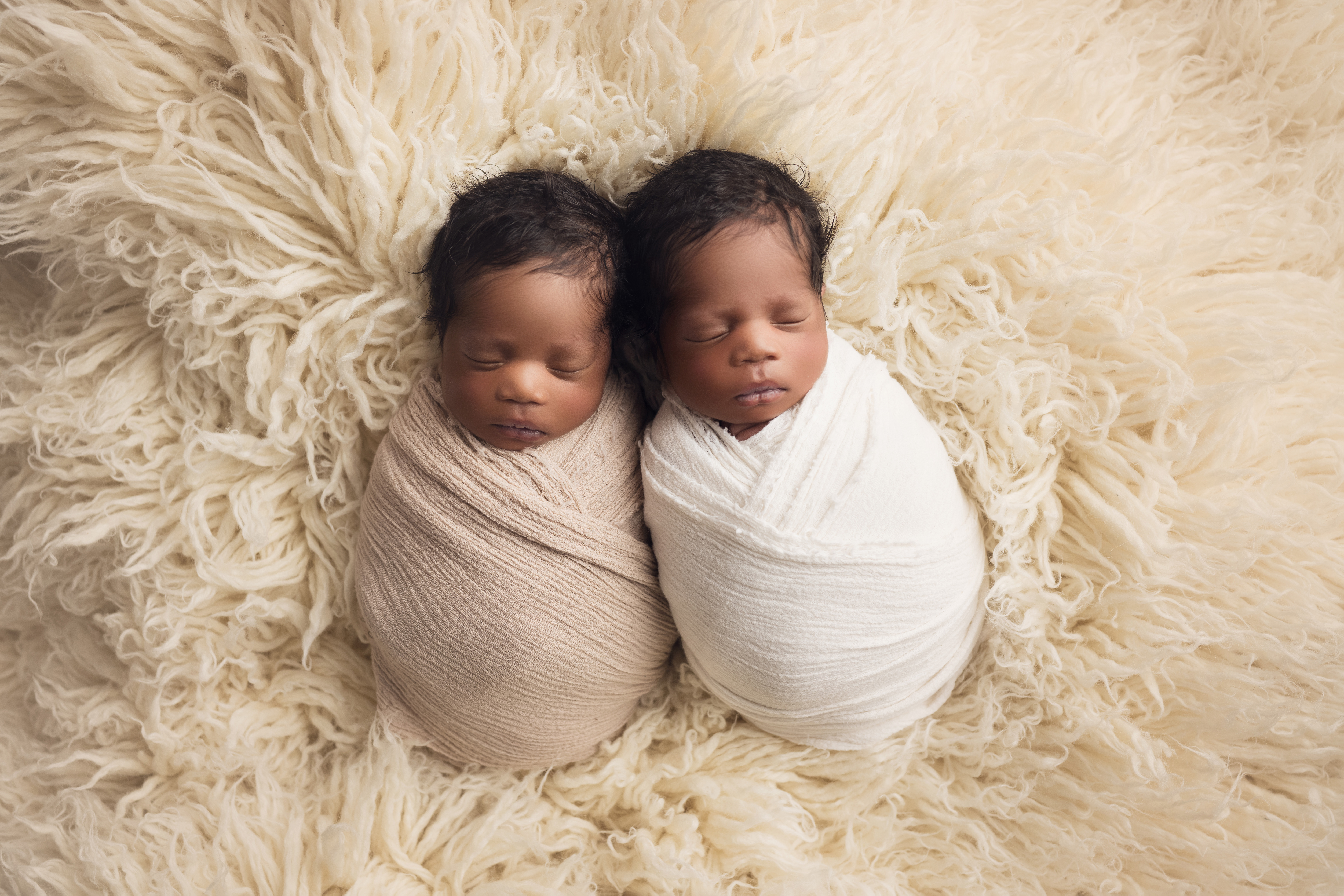 Newborn twin boys wrapped together on cream fur
