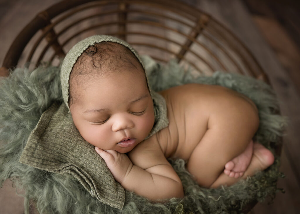 ### Newborn baby boy in green bonnet on a green pillow and fur
