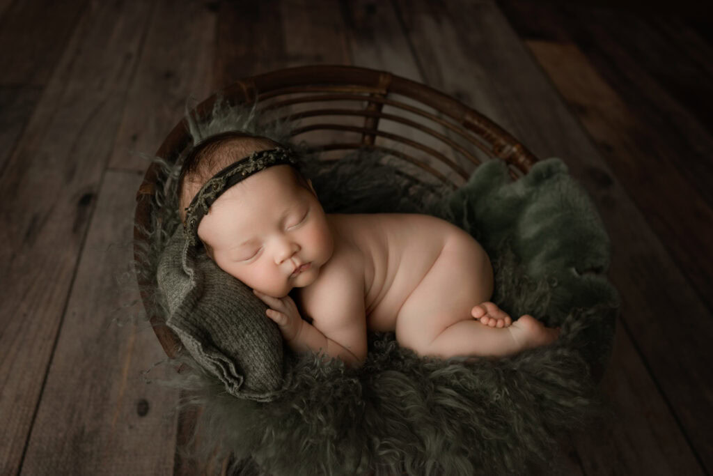 ### Newborn baby girl bum up in papasan chair on green fur with green pillow
