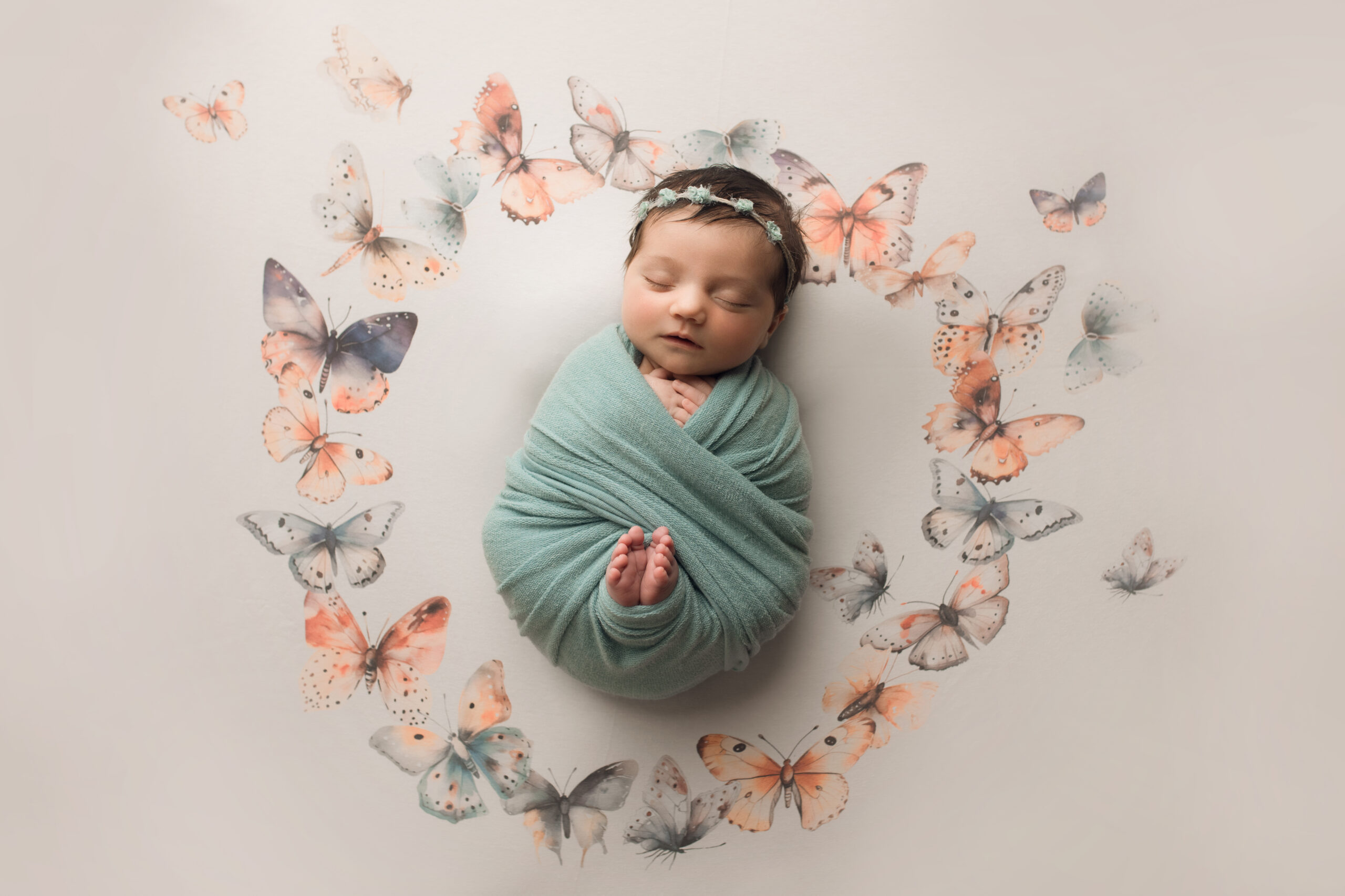 A baby girl in a white wrap with a white headband.