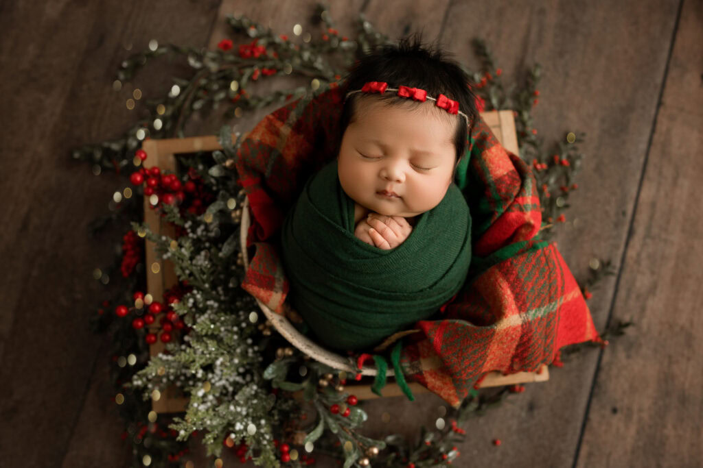 Newborn Baby girl wrapped in green Christmas Wrap in a bucket with Christmas Plaid Blanket and christmas tree